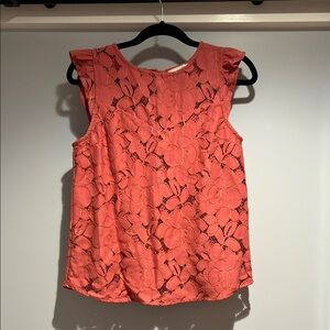 Floral Lace Overlay Sleeveless Top - Coral